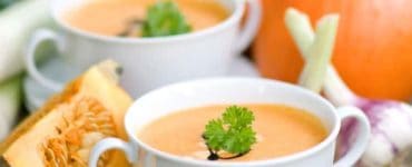 Kürbissuppe in weißer Suppentasse serviert, arrangiert neben Kürbissen und Zwiebeln