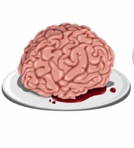 Gehirn (gezeichnet) serviert auf weißem Teller, daneben Messer und Gabel