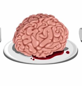 Gehirn (gezeichnet) serviert auf weißem Teller, daneben Messer und Gabel