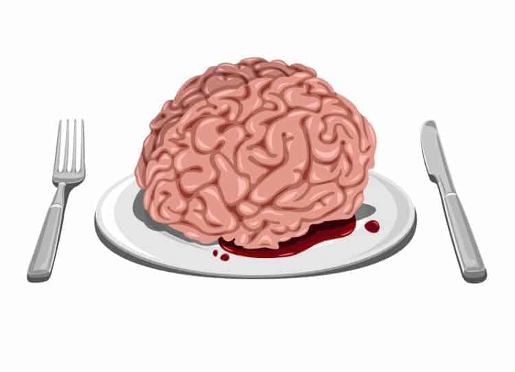 Gehirn (gezeichnet) serviert auf weißem Teller, daneben Messer und Gabel