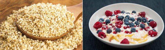 Amaranthkörner und Amaranth im Müsli mit roten und blauenBeeren