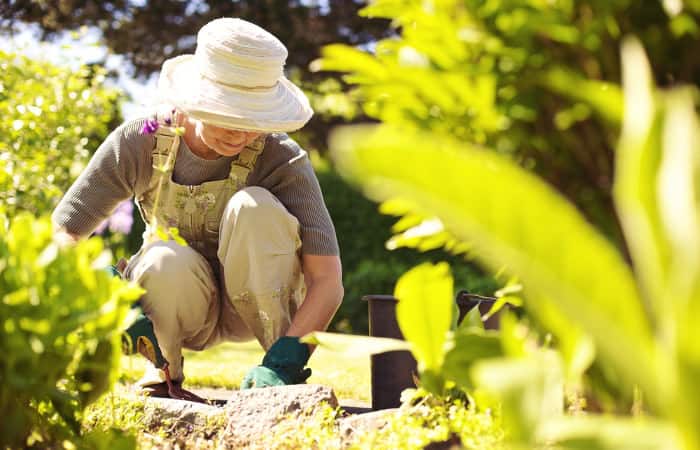 Frau arbeitet kniend im Garten