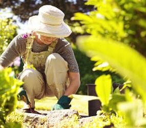 Frau arbeitet kniend im Garten