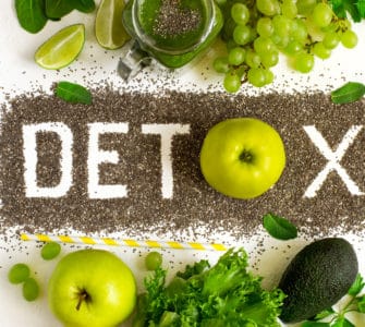 Tischplatte in der Mitte steht das Wort DETOX, darüber und darunter grünes Gemüse und Obst